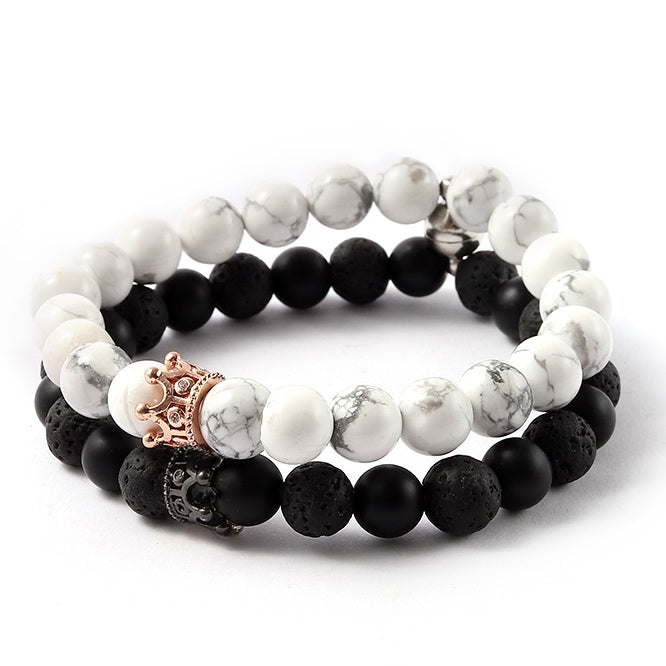 Magnetic King Queen Bracelets Rose Gold Black Crown White Turqouise Lava Onyx Stone by Magnetic Couples Bracelets
